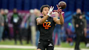 Mar 1, 2025; Indianapolis, IN, USA; Stanford wideout Elic Ayomanor (WO02) during the 2025 NFL Combine at Lucas Oil Stadium. Mandatory Credit: Kirby Lee-Imagn Images