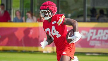 Jul 22, 2024; St. Joseph, MO, USA; Kansas City Chiefs running back Deneric Prince (34) runs the ball during training camp at Missouri Western State University.