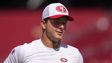 Oct 6, 2024; Santa Clara, California, USA; San Francisco 49ers quarterback Brock Purdy (13) before the game against the Arizona Cardinals at Levi's Stadium. Mandatory Credit: Darren Yamashita-Imagn Images