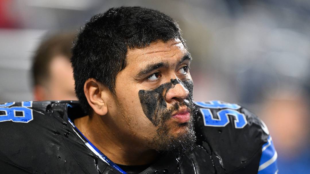 Nov 23, 2025; Detroit, Michigan, USA; Detroit Lions tackle Penei Sewell (58) looks on during warm ups prior to the game against the New York Giants at Ford Field. Mandatory Credit: Lon Horwedel-Imagn Images