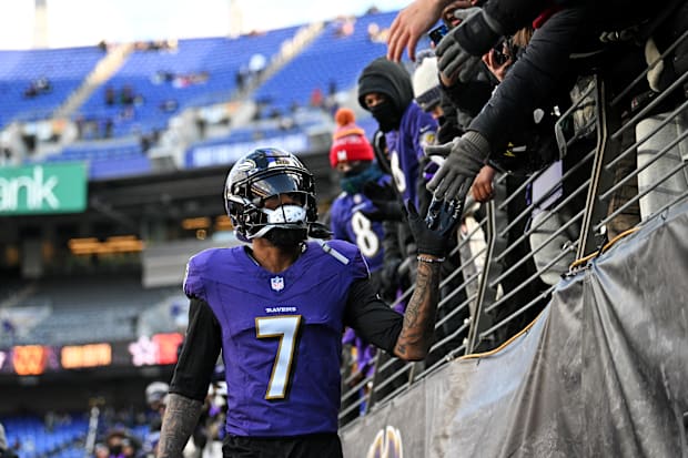 Baltimore Ravens wide receiver Rashod Bateman arrives before the game against the Cleveland Browns.