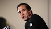 Nov 3, 2025; Inglewood, California, USA; Miami Heat head coach Erik Spoelstra at press conference at the Intuit Dome. Mandatory Credit: Kirby Lee-Imagn Images