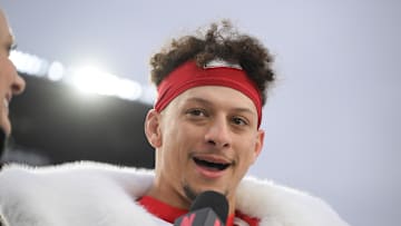 Dec 25, 2024; Pittsburgh, Pennsylvania, USA; Kansas City Chiefs quarterback Patrick Mahomes (15) is interviewed by Netflix reporter Stacey Dales following a win against the Pittsburgh Steelers at Acrisure Stadium. Mandatory Credit: Barry Reeger-Imagn Images