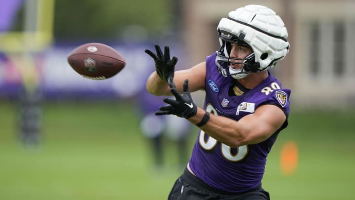 Jul 27, 2023; Owings Mills, MD, USA; Baltimore Ravens tight end Charlie Kolar (88) catches a pass during training camp practice at Under Armour Performance Center. Mandatory Credit: Brent Skeen-USA TODAY Sports