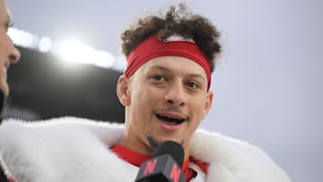 Dec 25, 2024; Pittsburgh, Pennsylvania, USA; Kansas City Chiefs quarterback Patrick Mahomes (15) is interviewed by Netflix reporter Stacey Dales following a win against the Pittsburgh Steelers at Acrisure Stadium. Mandatory Credit: Barry Reeger-Imagn Images
