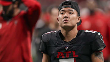 Atlanta Falcons place kicker Younghoe Koo (6) leaves the field after the Falcons were defeated by the Tampa Bay Buccaneers at Mercedes-Benz Stadium.