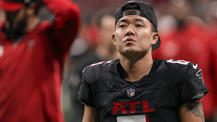 Atlanta Falcons place kicker Younghoe Koo (6) leaves the field after the Falcons were defeated by the Tampa Bay Buccaneers at Mercedes-Benz Stadium.