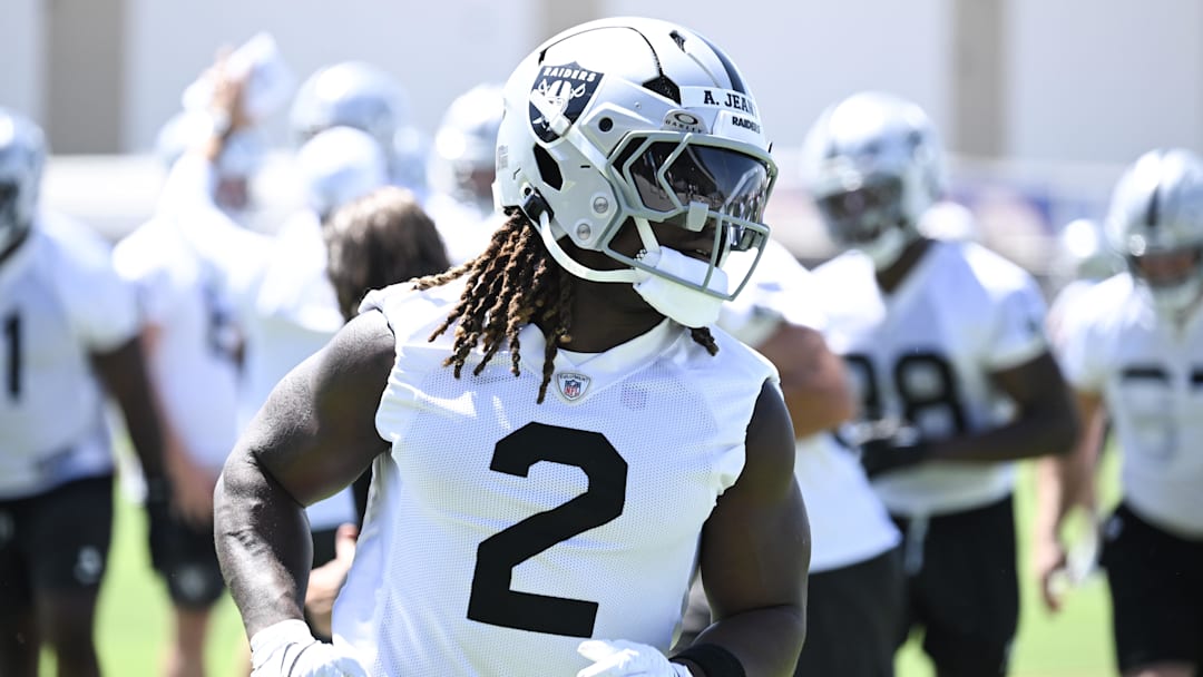 Jun 10, 2025; Henderson, NV, USA; Las Vegas Raiders running back Ashton Jeanty (2) performs a drill during Las Vegas Raiders Minicamp at Intermountain Health Performance Center. Mandatory Credit: Candice Ward-Imagn Images