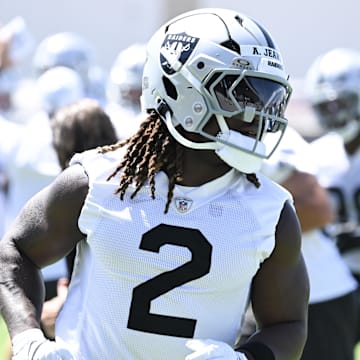 Jun 10, 2025; Henderson, NV, USA; Las Vegas Raiders running back Ashton Jeanty (2) performs a drill during Las Vegas Raiders Minicamp at Intermountain Health Performance Center. Mandatory Credit: Candice Ward-Imagn Images