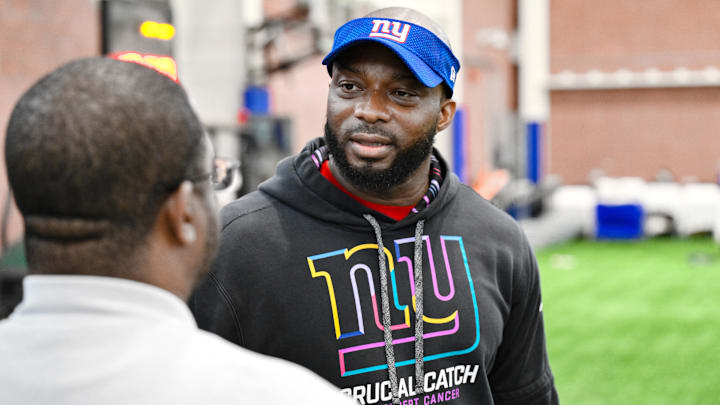 Jun 18, 2025; East Rutherford, NJ, USA; New York Giants secondary coach Marquand Manuel speaks at a press conference during minicamp at Quest Diagnostics Training Center. Mandatory Credit: John Jones-Imagn Images
