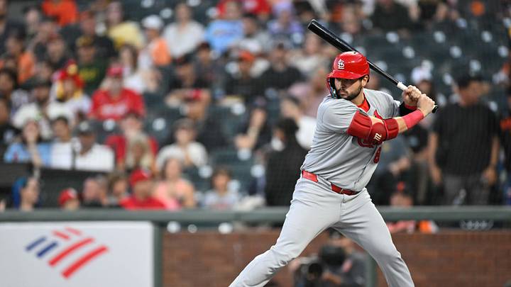 Sep 23, 2025; San Francisco, California, USA; St. Louis Cardinals catcher Jimmy Crooks (8) stands at bat against the San Francisco Giants during the first inning at Oracle Park. Mandatory Credit: Eakin Howard-Imagn Images