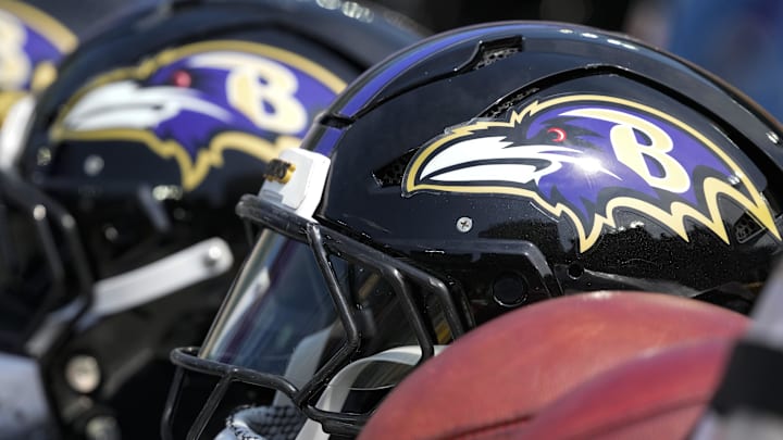 Aug 24, 2024; Green Bay, Wisconsin, USA;  General view of a Baltimore Ravens helmet prior to the game against the Green Bay Packers at Lambeau Field. Mandatory Credit: Jeff Hanisch-Imagn Images