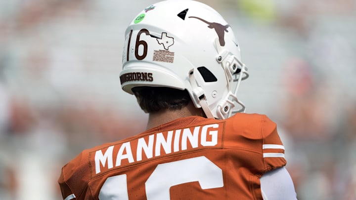 Texas Longhorns quarterback Arch Manning and teammates wear Texas sticker on their helmets with a star honoring Texas flood victims during the game against San Jose State Spartans at Darrell K Royal-Texas Memorial Stadium. Texas Longhorns quarterback Arch Manning and teammates wear Texas sticker on their helmets with a star honoring Texas flood victims during the game against San Jose State Spartans at Darrell K Royal-Texas Memorial Stadium.