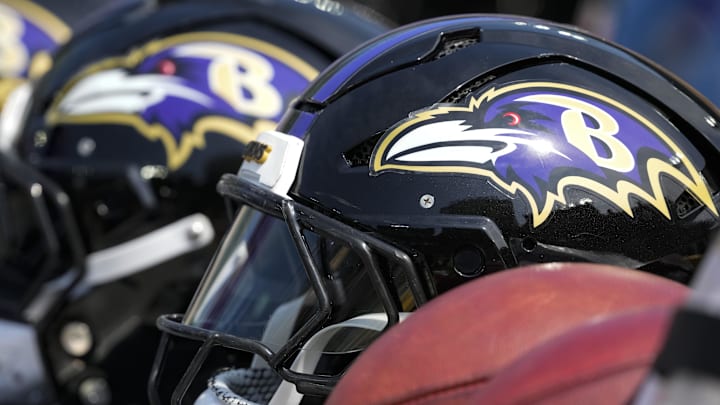 Aug 24, 2024; Green Bay, Wisconsin, USA;  General view of a Baltimore Ravens helmet prior to the game against the Green Bay Packers at Lambeau Field. Mandatory Credit: Jeff Hanisch-Imagn Images
