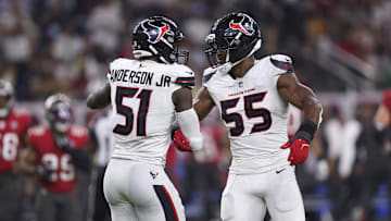 Sep 15, 2025; Houston, Texas, USA; Houston Texans defensive end Will Anderson Jr. (51) celebrates with defensive end Danielle Hunter (55) after a defensive play during the fourth quarter against the Tampa Bay Buccaneers at NRG Stadium. Mandatory Credit: Troy Taormina-Imagn Images