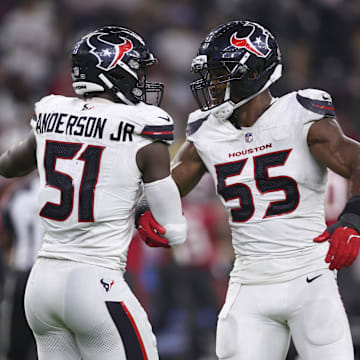 Sep 15, 2025; Houston, Texas, USA; Houston Texans defensive end Will Anderson Jr. (51) celebrates with defensive end Danielle Hunter (55) after a defensive play during the fourth quarter against the Tampa Bay Buccaneers at NRG Stadium. Mandatory Credit: Troy Taormina-Imagn Images
