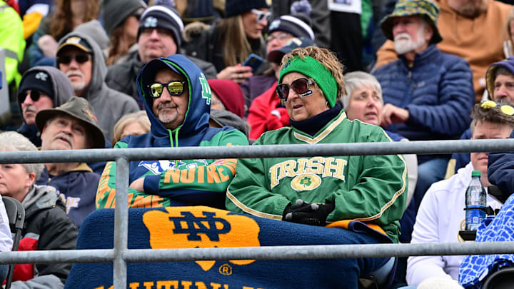 Apr 20, 2024; Notre Dame, IN, USA; Fans watch in the first half of the Blue-Gold game at Notre Dame Stadium. Mandatory Credit: Matt Cashore-Imagn Images