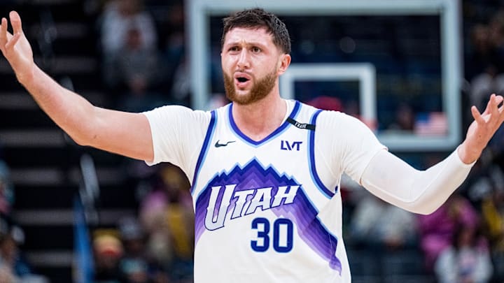 Dec 12, 2025; Memphis, Tennessee, USA; Utah Jazz center Jusuf Nurkic (30) questions the foul call in the first quarter against the Memphis Grizzlies at FedExForum. Mandatory Credit: Matthew Smith-Imagn Images