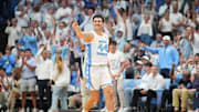 Nov 7, 2025; Chapel Hill, North Carolina, USA; North Carolina Tar Heels guard Luka Bogavac (44) reacts after hitting a three point shot in the second half at Dean E. Smith Center. 