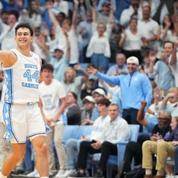 Nov 7, 2025; Chapel Hill, North Carolina, USA; North Carolina Tar Heels guard Luka Bogavac (44) reacts after hitting a three point shot in the second half at Dean E. Smith Center. 