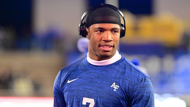 Nov 19, 2022; Colorado Springs, Colorado, USA; Air Force Falcons safety Trey Taylor (7) looks on before a game against the Colorado State Rams at Falcon Stadium. Mandatory Credit: Ron Chenoy-USA TODAY Sports