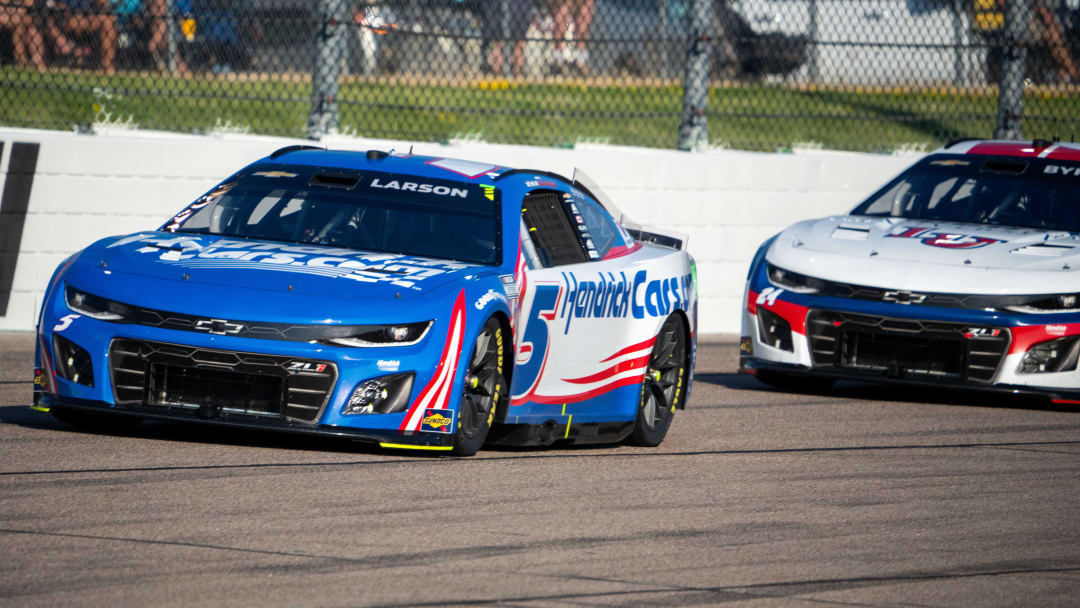 NASCAR Cup Series driver Kyle Larson (5) enters turn three.