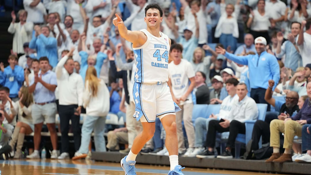 Nov 7, 2025; Chapel Hill, North Carolina, USA; North Carolina Tar Heels guard Luka Bogavac (44) reacts after hitting a three point shot in the second half at Dean E. Smith Center. Mandatory Credit: Bob Donnan-Imagn Images