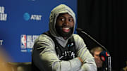 Feb 15, 2025; Oakland, CA, USA; Shaq’s OGs guard Jaylen Brown (7) of the Boston Celtics talks to media members during the NBA All Star-Practice at Oakland Arena. Mandatory Credit: Darren Yamashita-Imagn Images