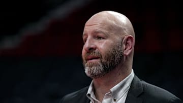 Nov 3, 2023; Portland, Oregon, USA; Portland Trail Blazers general manager Joe Cronin looks on before the game against the Memphis Grizzlies at Moda Center. Mandatory Credit: Soobum Im-Imagn Images