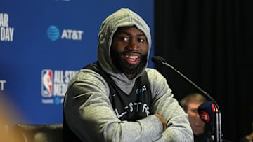 Feb 15, 2025; Oakland, CA, USA; Shaq’s OGs guard Jaylen Brown (7) of the Boston Celtics talks to media members during the NBA All Star-Practice at Oakland Arena. Mandatory Credit: Darren Yamashita-Imagn Images