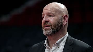 Nov 3, 2023; Portland, Oregon, USA; Portland Trail Blazers general manager Joe Cronin looks on before the game against the Memphis Grizzlies at Moda Center. Mandatory Credit: Soobum Im-Imagn Images