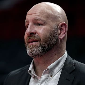 Nov 3, 2023; Portland, Oregon, USA; Portland Trail Blazers general manager Joe Cronin looks on before the game against the Memphis Grizzlies at Moda Center. Mandatory Credit: Soobum Im-Imagn Images