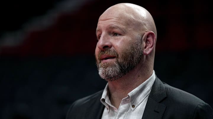 Nov 3, 2023; Portland, Oregon, USA; Portland Trail Blazers general manager Joe Cronin looks on before the game against the Memphis Grizzlies at Moda Center. Mandatory Credit: Soobum Im-Imagn Images