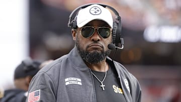 Nov 10, 2024; Landover, Maryland, USA; Pittsburgh Steelers head coach Mike Tomlin looks on from the sidelines against the Washington Commanders during the first half at Northwest Stadium. Mandatory Credit: Amber Searls-Imagn Images