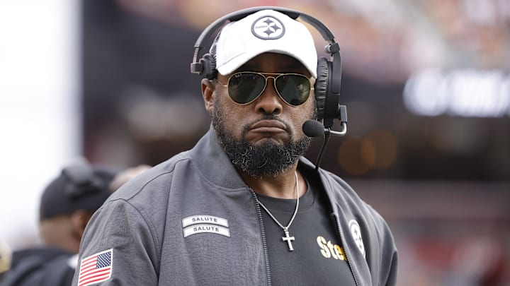 Nov 10, 2024; Landover, Maryland, USA; Pittsburgh Steelers head coach Mike Tomlin looks on from the sidelines against the Washington Commanders during the first half at Northwest Stadium. Mandatory Credit: Amber Searls-Imagn Images