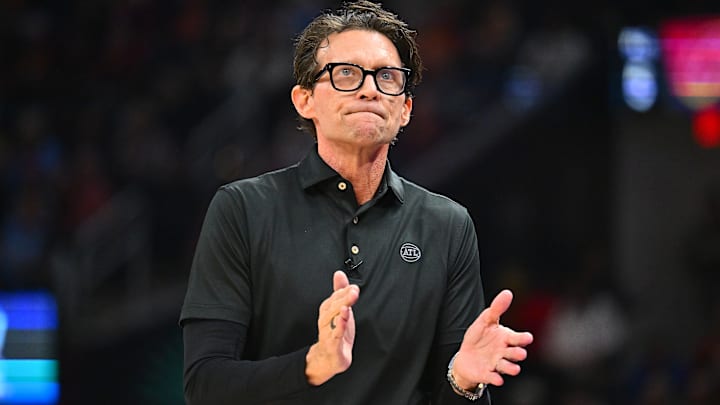 Atlanta Hawks head coach Quin Snyder reacts against the Cleveland Cavaliers.