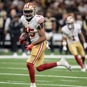 Sep 14, 2025; New Orleans, Louisiana, USA; San Francisco 49ers wide receiver Jauan Jennings (15) runs to the end zone after a reception against the New Orleans Saints during the fourth quarter at Caesars Superdome. Mandatory Credit: Matthew Hinton-Imagn Images