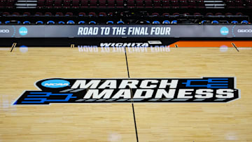 The March Madness logo at midcourt at the Intrust Bank Arena. Mandatory Credit: Kirby Lee-Imagn Images