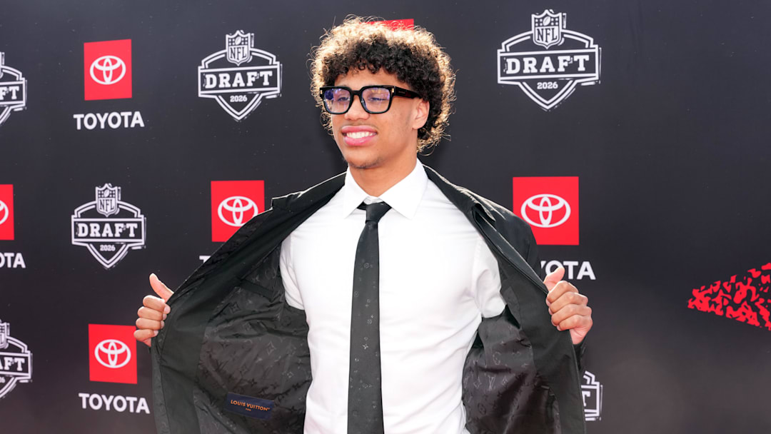 Arizona State Sun Devils receiver Jordyn Tyson poses on the red carpet before the 2026 NFL Draft at Point State Park.