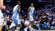 Dec 2, 2025; Lexington, Kentucky, USA; North Carolina Tar Heels forward Jonathan Powell (11) celebrates a three point basket during the first half against the Kentucky Wildcats at Rupp Arena at Central Bank Center. Mandatory Credit: Jordan Prather-Imagn Images
