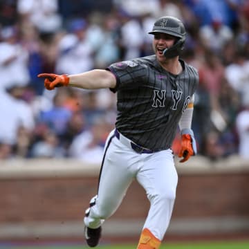 New York Mets first baseman Pete Alonso (20) reacts after a two RBI single against the Houston Astros during the second inning at Citi Field on June 29.