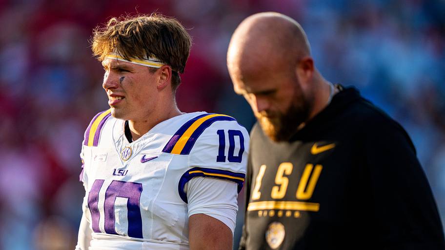 LSU quarterback Sam Leavitt walks on the field during warm ups before a game between Ole Miss and the Tigers.