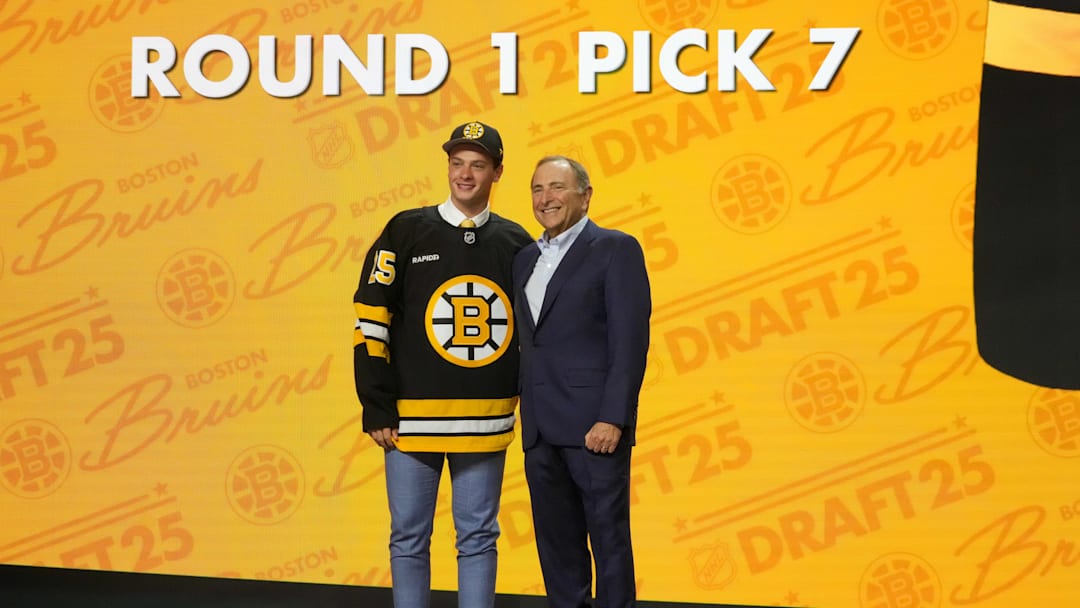 Jun 27, 2025; Los Angeles, California, USA; James Hagens is selected as the seventh overall pick to the Boston Bruins in the first round of the 2025 NHL Draft at Peacock Theater.