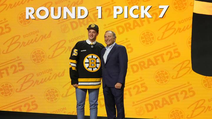 Jun 27, 2025; Los Angeles, California, USA; James Hagens is selected as the seventh overall pick to the Boston Bruins in the first round of the 2025 NHL Draft at Peacock Theater.