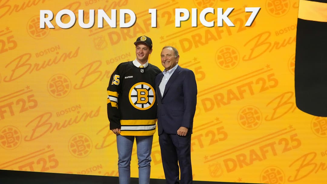 Jun 27, 2025; Los Angeles, California, USA; James Hagens is selected as the seventh overall pick to the Boston Bruins in the first round of the 2025 NHL Draft at Peacock Theater. Mandatory Credit: Kirby Lee-Imagn Images Jun 27, 2025; Los Angeles, California, USA; James Hagens is selected as the seventh overall pick to the Boston Bruins in the first round of the 2025 NHL Draft at Peacock Theater. Mandatory Credit: Kirby Lee-Imagn Images