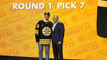 Jun 27, 2025; Los Angeles, California, USA; James Hagens is selected as the seventh overall pick to the Boston Bruins in the first round of the 2025 NHL Draft at Peacock Theater. Mandatory Credit: Kirby Lee-Imagn Images