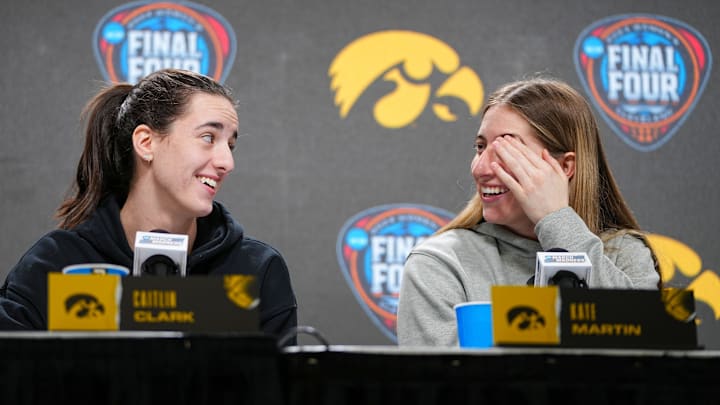 Iowa Hawkeyes guard Caitlin Clark (22) and Iowa Hawkeyes guard Kate Martin (20) 