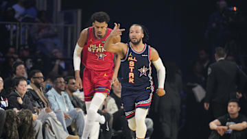 Feb 16, 2025; San Francisco, CA, USA; Kenny’s Young Stars guard Jalen Brunson (11) of the New York Knicks reacts in the game against Chuck’s Global Stars during the 2025 NBA All Star Game at Chase Center. Mandatory Credit: Kyle Terada-Imagn Images