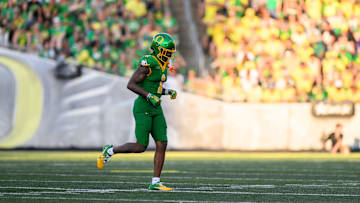 Aug 31, 2024; Eugene, Oregon, USA; Oregon Ducks wide receiver Traeshon Holden (1) leaves the field during the second half against the Idaho Vandals at Autzen Stadium.