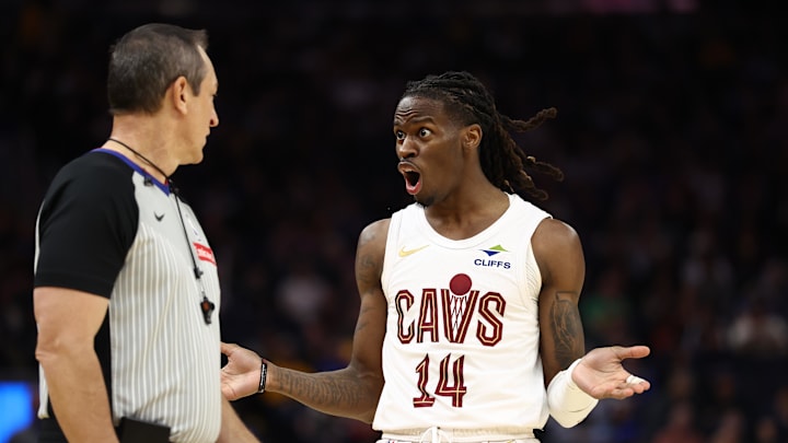 Apr 2, 2026; San Francisco, California, USA; Cleveland Cavaliers guard Keon Ellis (14) reacts towards referee JT Orr during the third quarter against the Golden State Warriors at Chase Center. Mandatory Credit: Kelley L Cox-Imagn Images